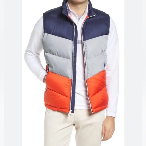 Peter Millar Other - Peter Millar Crown Men Après Ski Vest Medium Orange Navy Blue Silver Reflective